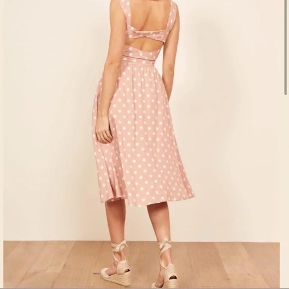 Reformation | Lanai Pink & White Polka Dot Midi Dress Small Retro Sleeveless - Picture 4 of 11